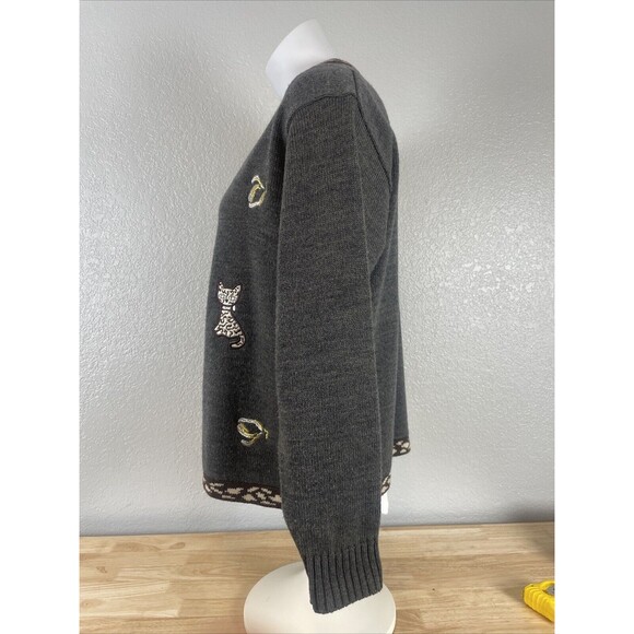 VTG Wool Blend Cardigan Sweater Gray Cat Cheetah Buttons Bling GrandmaCore Sz M - Picture 2 of 9